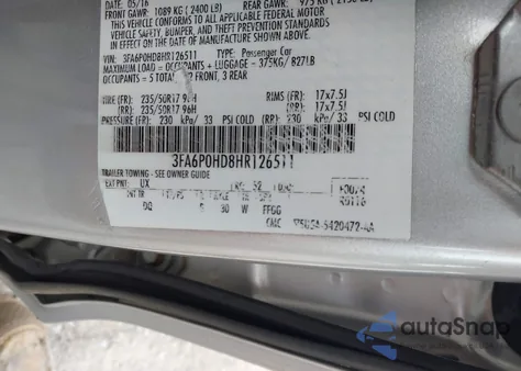 2017 Ford Fusion Se из США, поврежденный, VIN 3FA6P0HD8HR126511